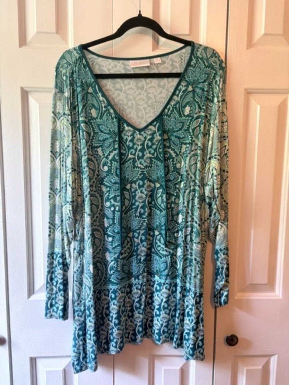 Belle by Kim Gravel 2X Teal Paisley Long Sleeve Tunic Tie Neck Stretch Top